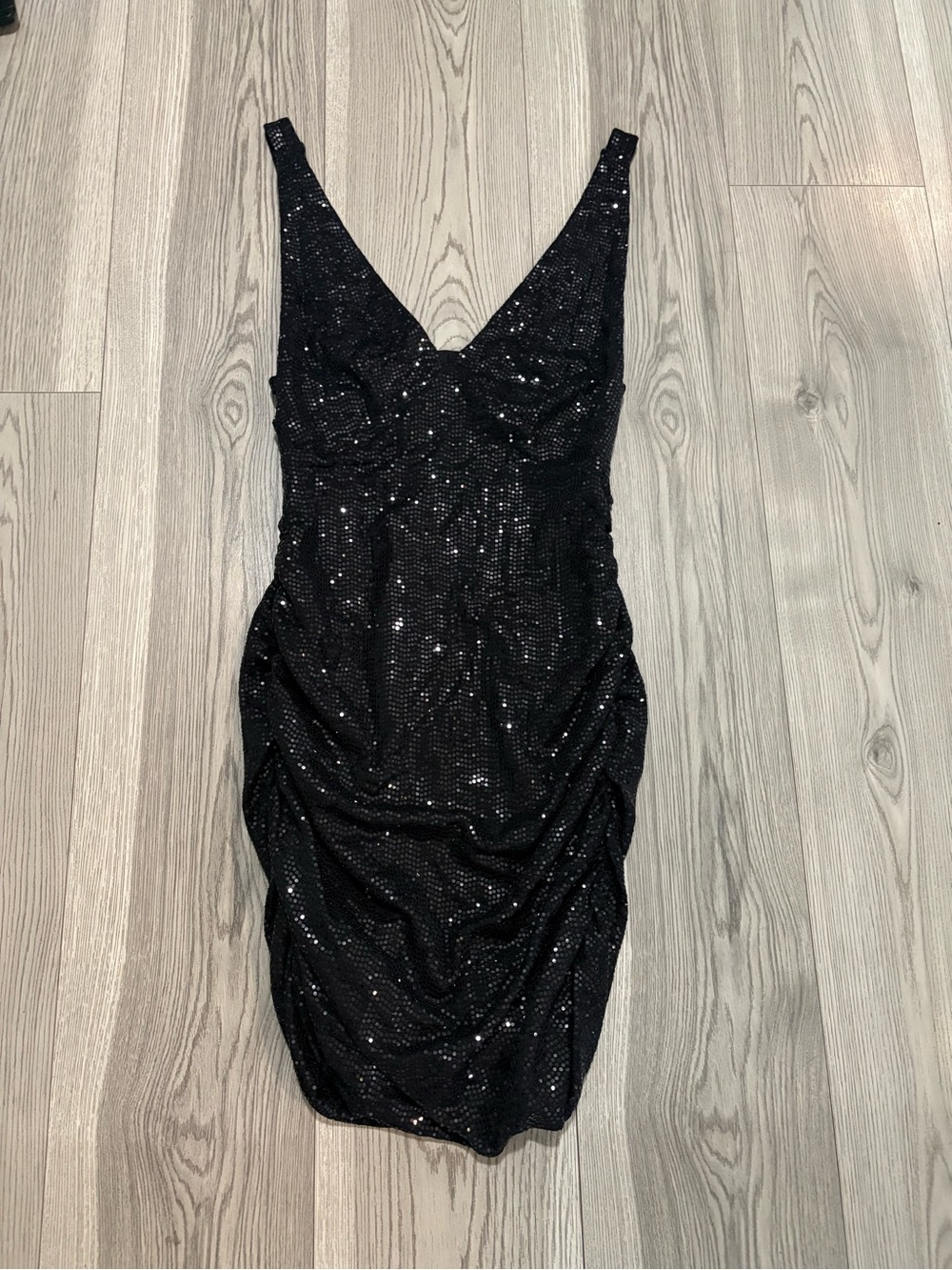Urban Outfitters Black Sequin Ruched V-Neck Mini Dress Size Medium NWT